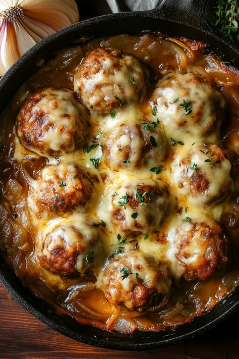 French Onion Meatballs - If you're a fan of the rich, savory flavors of French onion soup, then you're going to love these French Onion Meatballs. Juicy, tender meatballs are smothered in a luscious onion gravy and topped with melted cheese—it's comfort food at its finest. This dish brings together the best of both worlds, French Onion Meatballs Baked, The Best Meatball Recipe, Italian Meatballs And Mashed Potatoes, Swedish Meatballs With Pasta, Meatball Main Dish Recipes, French Onion Bucatini, Cheesy French Onion Meatballs, Meatballs Main Dish, Meatball And Mushroom Recipes