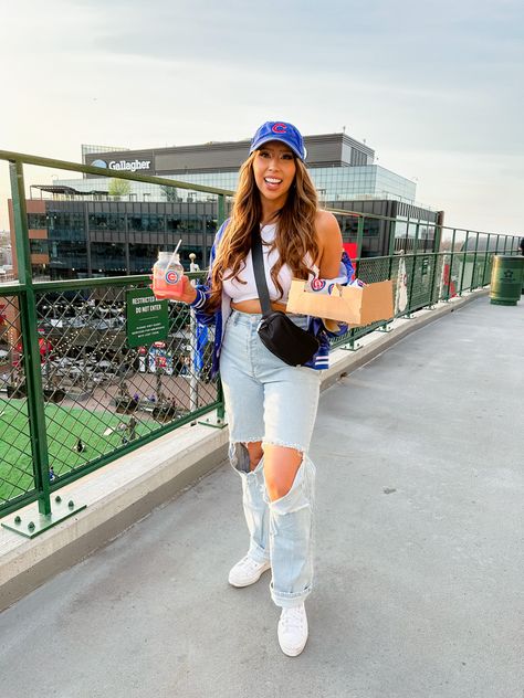 Baseball game, cubs game, cubs game outfit, baseball game outfit, game day outfit Cubs Game Outfit, Chicago Cubs Outfit, Cap Outfits For Women, Yankees Outfit, Baseball Game Outfit, Cute Hiking Outfit, Game Outfit, Baseball Outfit, Baseball Game