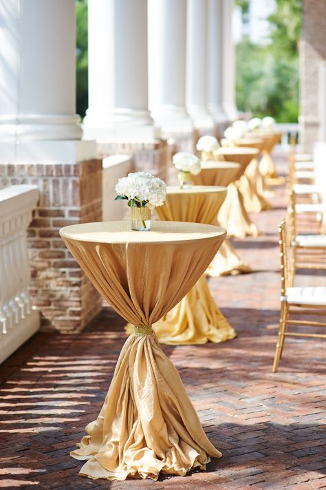 Gold And White Cocktail Party Decor, High Top Table Decor Wedding Centerpiece Ideas, Cocktail Table With Sash, Cocktail Table Spandex Cover Decor, Wedding Venue Entry Decor, High Table Decorations Wedding, Wedding Cocktail Hour Table Decor, Cocktail Table Centerpieces Wedding, Wedding Cocktail Table Decor