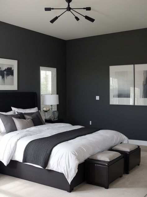 Grey Room Ideas Bedroom, Gray Accent Wall Bedroom, Black White And Grey Bedroom, Black And Grey Bedroom, Dark Gray Bedroom, Eclectic Decor Bedroom, Gray Bedroom Walls, Black Bedroom Decor, Grey Bedroom Decor