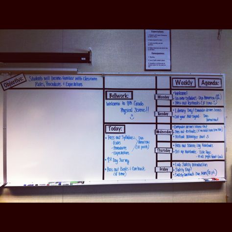 Classroom: My whiteboard organization! I used black electric tape to grid my white board. I printed signs for Monday-Friday, weekly agenda, bellwork, today and objective on my computer, glued it to black paper and laminated them! Then taped them up! This helps to keep me and my students organized! :) Classroom Whiteboard Organization, Morning Planner, Organized Schedule, Whiteboard Organization, Whiteboard Ideas, Classroom Whiteboard, Teaching Organization, Weekly Agenda, History Classroom