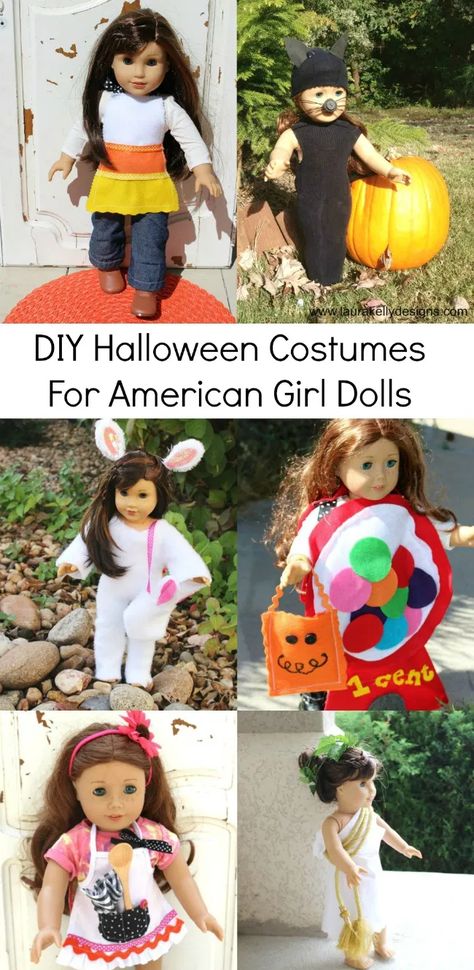 Best Easy Halloween Costumes for American Girl Dolls - Laura Kelly's Inklings American Girl Doll Halloween Costumes, Doll Halloween Costumes, Gumball Machine Halloween Costume, Diy Halloween Costumes For Girls, Gumball Machine Costume, American Girl Halloween, New American Girl Doll, American Girl Doll Costumes, Black Cat Costumes