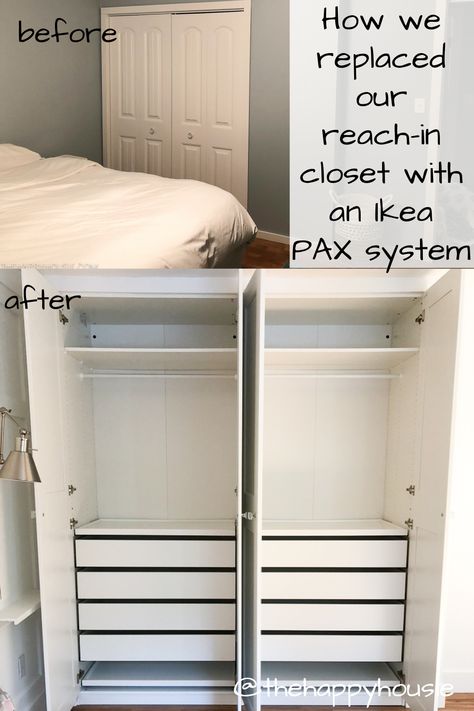 Shared Reach In Closet Ideas, Efficient Small Closet Layout, Ikea Closet Cabinets, Ikea Pax Inside Closet, Double Reach In Closet Makeover, Ikea Closet Makeover, Reach In Closet Remodel, Reach In Closet Ideas With Sliding Doors, How To Widen Closet Opening