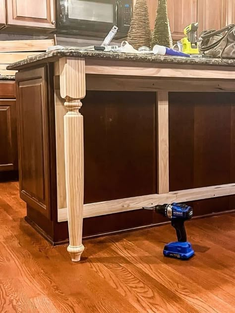 Kitchen Island Redo Diy Ideas, Kitchen Island Extension Ideas Diy, Wrap Island Kitchen, Island That Looks Like A Table, Adding Table To Kitchen Island, Small Kitchen Island Makeover, 2 Tone Kitchen Island, Breakfast Bar Trim Ideas, Island With Legs And Overhang