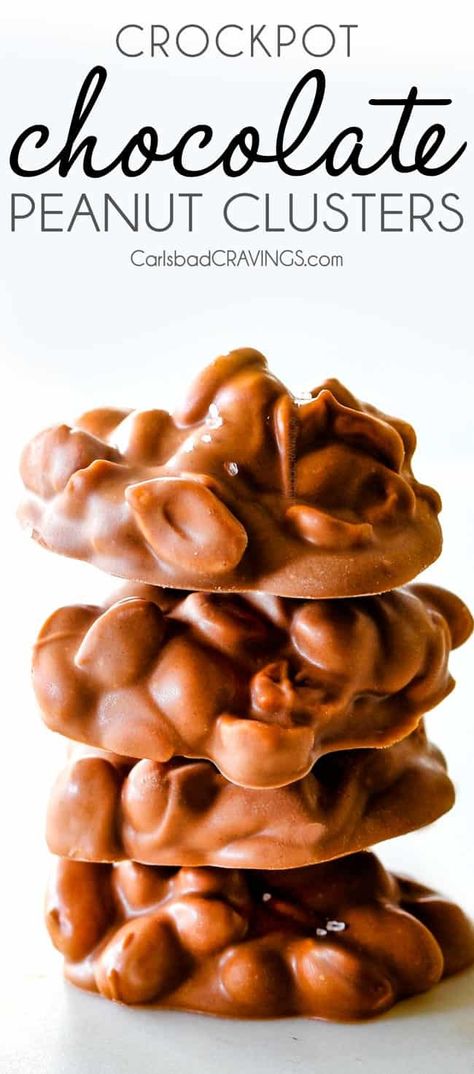 FOOL PROOF Crockpot Chocolate Peanut Clusters + video! (tips & tricks!) Crockpot Chocolate Peanut Clusters, Crockpot Peanut Clusters, Peanut Clusters In Crockpot, Crockpot Chocolate, Chocolate Peanut Clusters, Crockpot Candy, Peanut Clusters, Yummy Deserts, Carlsbad Cravings