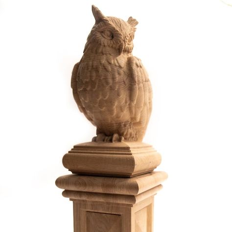 Owl Wood Carving Newel Post Cap With the Owl Statue Interior | Etsy Owl Wood Carving, Oak Newel Post, Wood Rosettes, Newel Post Caps, Owl Statue, Peacock Photos, Wooden Packaging, Post Caps, Wood Owls