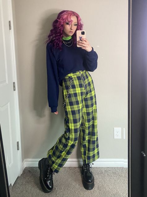 outfit of the day green turtle neck navy crew neck and plaid pants. the ragged priest fashion inspiration lime green outfit bright green blue sweater patterned pants chain outfit pink hair mirror selfie platform dr martens doc martens how to style Jaden boots color blocking bright colors colorful outfit Green Patchwork Straight Leg Pants, Baggy Green Patchwork Pants, The Ragged Priest Outfits, Phat Pants Rave, The Ragged Priest, Ragged Priest Sweater, Ragged Priest, Lime Green, Harem Pants