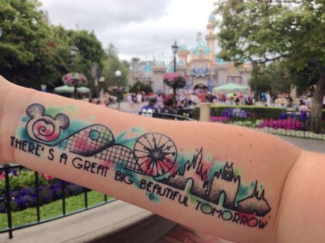 Disney parks icons tattoo Disney Wrap Around Tattoo, Disney Filler Tattoo, Disney Ride Tattoo, Disney World Tattoo, Disneyland Tattoo, Tiny Disney Tattoo, Disney Castle Tattoo, Tattoos Disney, Disney Inspired Tattoos