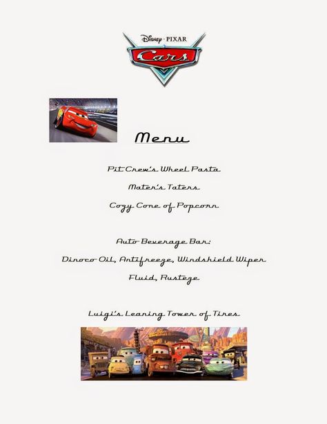 Cars Theme Dinner Menu Cars Movie Night Dinner, Cars Movie Themed Food, Cars Themed Movie Night, Cars Themed Dinner, Disney Movie Night Menu, Movie Recipes, Themed Meals, Disney Themed Movie Night, Disney Movie Night Food