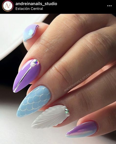 55 Summer Nail Trending to Try Now 2023 Nail Design Purple, Mermaid Nail Designs, Little Mermaid Nails, Nail Art Designs 2023, Summer Nail Art Designs, Disney Acrylic Nails, Mermaid Nail, Cruise Nails, Girls Nail Designs