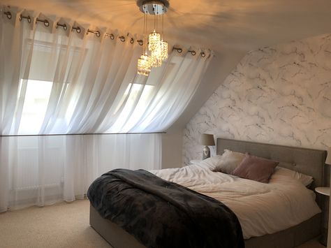 Bedroom Velux Windows, Curtains For Attic Windows, Attic Bedroom Curtains, Velux Window Dressing, Velux Curtains, Attic Window Curtains, Velux Windows Bedroom, Marble Wall Paper, Attic Windows