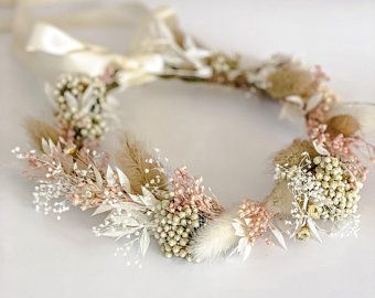 Wedding Hair Bride, Flower Crown Wedding Hair, Wedding Hair Flower Crown, Winter Bridal Bouquets, Crown Wedding Hair, Dried Flower Crown, Floral Hair Wreath, Rice Flower, Hair Bride