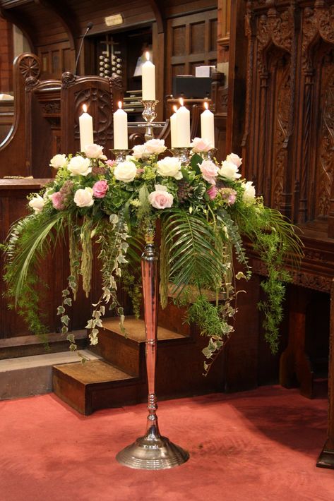 Candelabra Flowers, Candelabra Wedding Centerpieces, Candelabra Wedding, Church Wedding Flowers, Altar Arrangement, Altar Flowers, Large Flower Arrangements, Church Wedding Decorations, Church Flower Arrangements