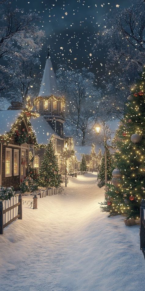 A festive snow-covered street lined with decorated cottages and glowing Christmas lights, creating a magical Christmas village wallpaper scene. Holiday Season Wallpaper Iphone, Winter Trees Wallpaper, Laptop Christmas Wallpaper, Christmas Snow Background, Winter Backgrounds Iphone, Christmas Phone Backgrounds, December Aesthetic, Christmas Widgets, Christmas Lockscreen