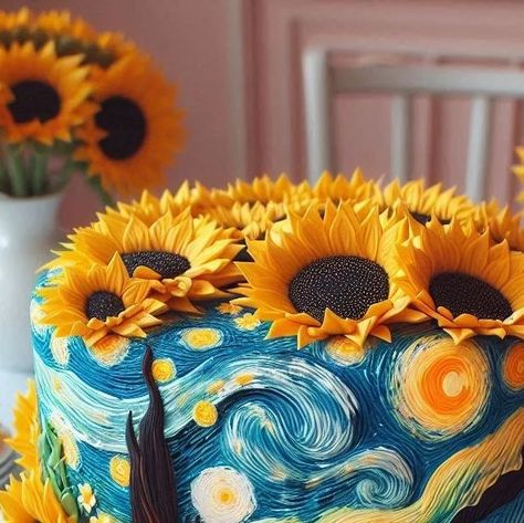 Erlita Krist on Instagram: "Cake inspired by Van Gogh artwork 🌻💙 .  #cakeideas  #cakedesign  #aiartwork  #aiartwork  #aigenerated  #vangoghcake  #VanGoghInspired" Amazing Cake Designs, Happy Cake, Van Gogh Birthday Party, Van Gogh Wedding Cake, Van Gogh Birthday Theme, Van Gogh Cake, Bolo Van Gogh, Van Gogh Cake Birthday, Sunflower Cake