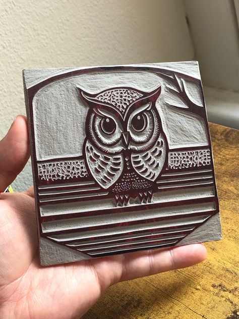 Original owl linocut block by @hallyandchristyprints #linocut #printmaking #woodcarving #owl #owllover #cuteowl #blockprint Print Making Drawing, Wood Cut Printmaking, Owl Lino Print, Beginner Linocut Designs, Animal Printmaking, Linocut Art Ideas, Lino Cut Art, Owl Linocut, Print Making Designs