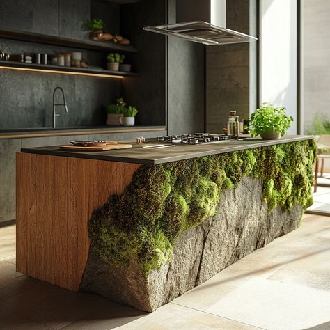 A moss kitchen island blends natural beauty with modern functionality, featuring a striking combination of traditional materials and patches of living moss. The island’s main structure is crafted from high-quality wood or stone, offering a sturdy and elegant base. The moss is strategically integrated into sections of the island’s surface, creating eye-catching accents that bring a touch of nature into your kitchen. These moss inlays add texture and a pop of green, providing a fresh, earthy co... Wood Office Furniture, Green Kitchen Island, Dentist Office Design, Modern Gazebo, Labyrinth Design, Moss Decor, Cozy Coffee Shop, Moss Wall Art, Stone Kitchen