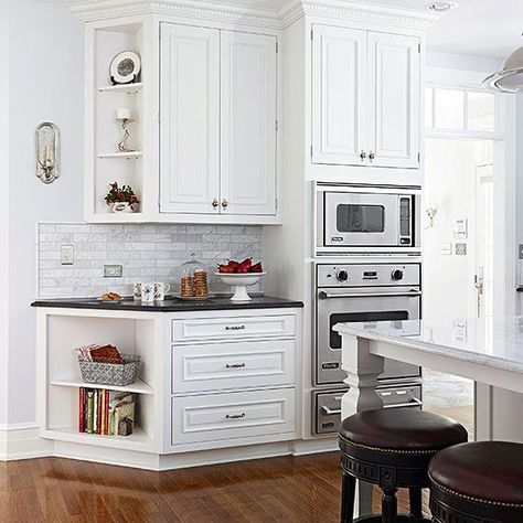 angled end of the wall cabinets guild people towards the door Kitchen Corner Shelves, White Kitchen Remodeling, Kitchen Remodel Before And After, Kitchen Corner, Elegant Kitchens, Kitchen Remodeling Projects, Kitchen Redo, Trendy Kitchen, Counter Tops