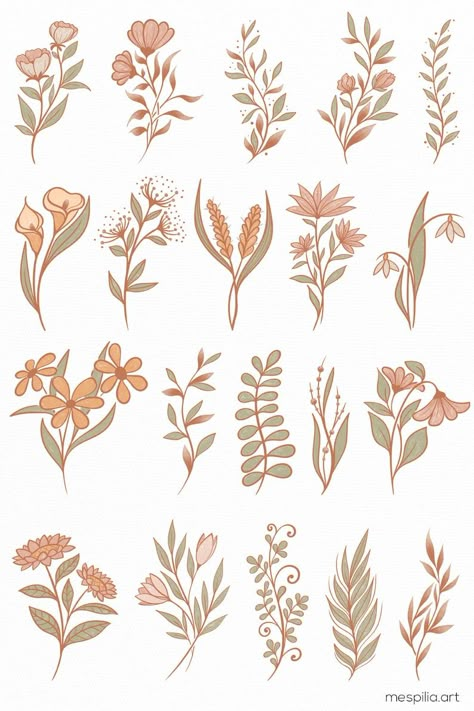 Flower Design For Notebook, Brown Flowers Drawing, Ready To Print Stickers, Boho Flower Illustration, Boho Flower Print, Boho Flowers Drawing, Boho Flower Drawing, Journal Stickers Flowers, Aesthetic Stickers Flowers