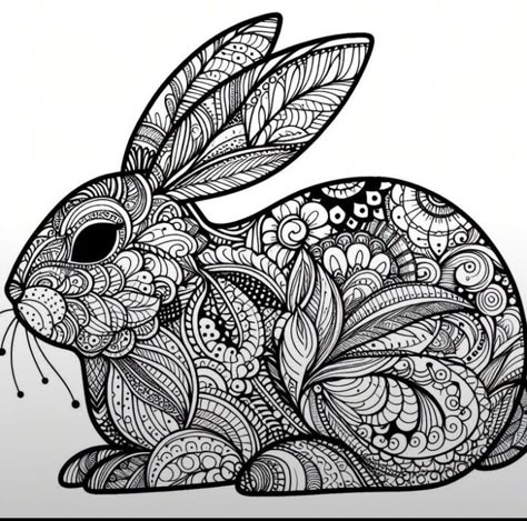 Rabbit Mandala Art, Zentangle Animals Easy, Rabbit Zentangle, Bunny Mandala, Zentangle Animals Art, Zentangle Coloring Pages, Doodle Animals, Zentangle Animals, Easy Mandala