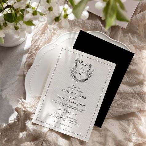 Formal Floral Crest Monogram Wedding Invitation #zazzle #weddinginvitations #birthdayinvitations #babyshowerinvitations #zazzleinvitations #monogram #businesscards #graduation #homedecor Elegant Black And White Wedding, Black Tie Wedding Invitations, Popular Wedding Invitations, Crest Monogram, Traditional Invitation, Budget Wedding Invitations, Wedding Crest, Black And White Wedding Invitations, Monogram Wedding Invitations