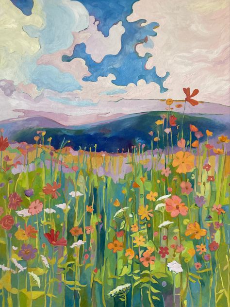 Oil on board near the continental divide a field of wildflowers Abstract Wildflower Painting, Flower Field Illustration, Wildflower Paintings, Therapeutic Art, Western Landscape, Landscape Paintings Acrylic, Realistic Paintings, Paint And Sip, Colorful Landscape