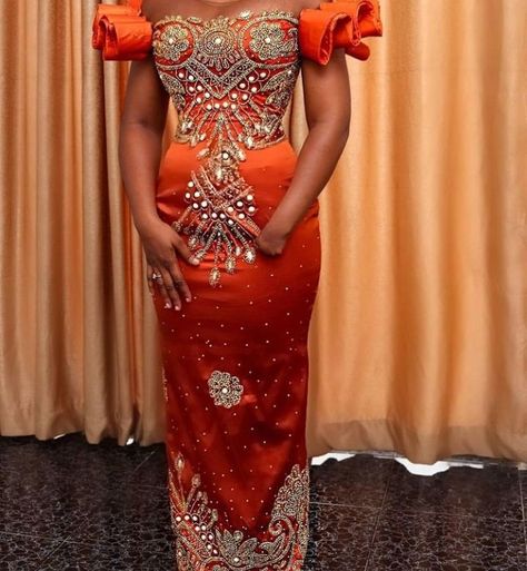 Burnt Orange Outfit, Burnt Orange Lace Dress, Wedding Burnt Orange, George Designs, Asoebi Lace, Aso Ebi Lace, Aso Ebi Lace Styles, Igbo Bride, Orange Lace Dress