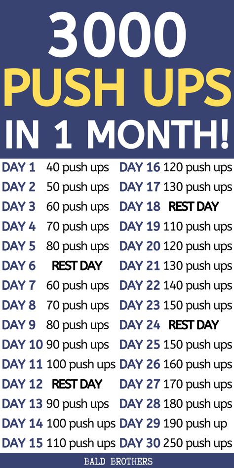 The Bald Brothers 30 day push up challenge! Complete 3000 push ups in 30 days! This 30 day push up challenge is really good for all men! 30 Day Push Up Challenge, 30 Day Push Up, Challenge 30 Day, Pumps Outfit, 30 Day Abs, Push Up Workout, Workout Routine For Men, Ab Challenge, 30 Day Fitness