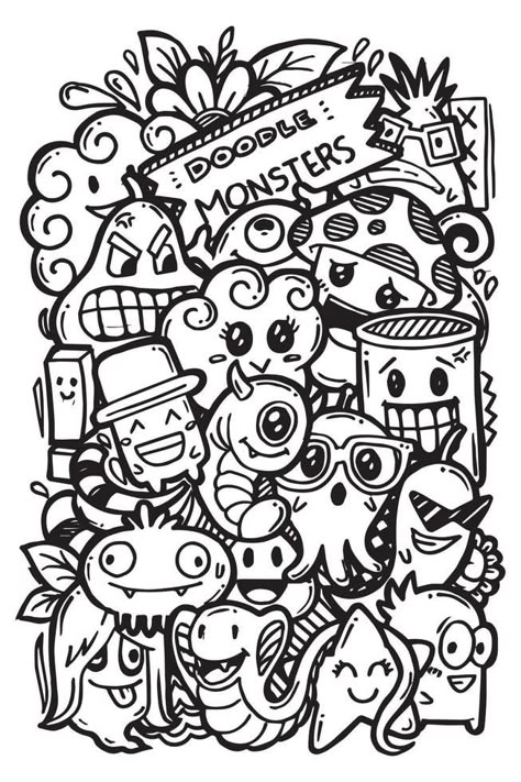 Hand drawing doodle monsters. vector illustration Doodle Cartoon Art, Adults Coloring Pages, Cute Graffiti Doodles, Easy Doodle Art Design, Coloring Pages Doodle Art, Number Coloring Pages Free Printable, Coloring Pages Of Women, Coloring Pages Preppy, Cartoon Doodle Art