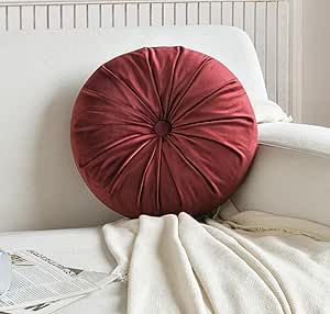 Eoieov Round Throw Pillow 13.78 Inch Decorative Round Velvet Pillows with Pleated Button Circle Shape Throw Pillow Cushion for Living Room Couch Bed,Burgundy Blush Throw Pillow, Luxury Feeling, Round Throw Pillow, Large Floor Cushions, Soft Throw Pillows, Round Throw Pillows, Living Room Couch, Dark Coffee, Room Couch