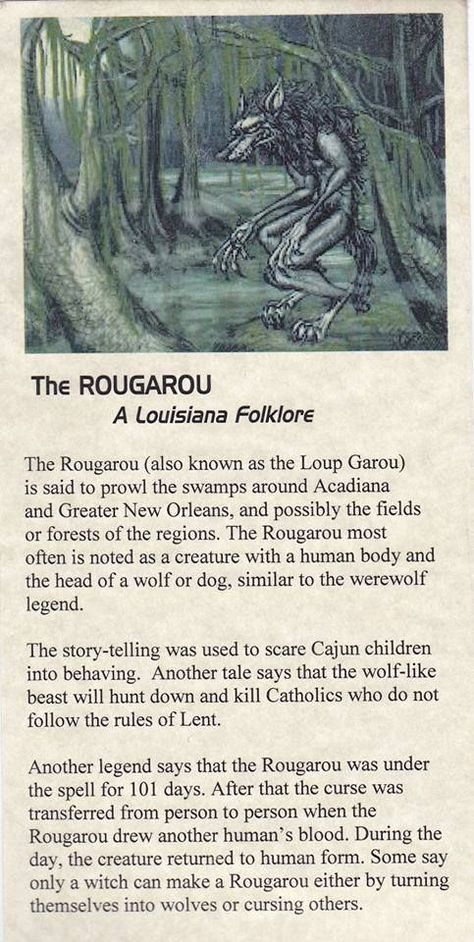 The Rougarou - (Roo ga roo) aka. Loup Garou,  Louisiana folklore Werewolf Legend, Myths & Monsters, Legends And Myths, Urban Legends, Mythological Creatures, Mystical Creatures, Folk Tales, Magical Creatures, Cthulhu