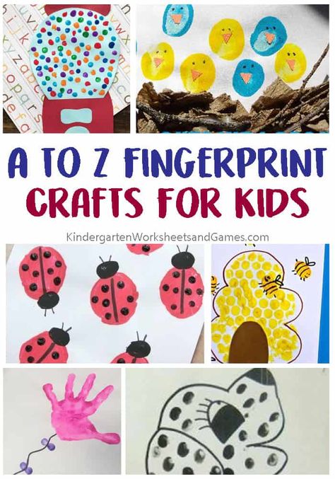 A-Z Fingerprint Crafts for Kids - so many cute alphabet crafts using fingerprint art perfect for toddler, preschoolers, kindergarten, and first grade for letter of the week. #alphabet #fingerprintart #preschool #kindergarten Fingerprint Crafts For Kids, Fingerprint Alphabet, Free Alphabet Printables, Art Craft Ideas, Fingerprint Crafts, Alphabet Letter Crafts, Alphabet Activity, Teaching Crafts, Fingerprint Art