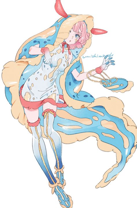 The Art of Senbon Umishima Sea Folk Art, Sea Slug Character, Sea Slug Mermaid, Sea Slug Costume, Sea Slug Character Design, Nudibranch Costume, Slug Character Design, Sea Slug Oc, Sea Slug Drawing