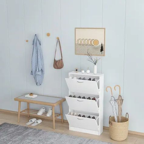 3 Tier Shoe Storage Cabinet for Entryway White|White - On Sale - Bed Bath & Beyond - 37132332 Slim Shoe Cabinet, Entryway Storage Cabinet, Wooden Shoe Cabinet, Narrow Shoe Rack, Shoe Rack Entryway, Entryway Shoe Storage, Entryway Shoe, Narrow Shoes, Entryway Storage