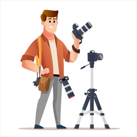 Character of professional photographer holding camera with tripod Photographer Cartoon, Male Photographer, Camera Illustration, About Character, Poster Design Inspiration, Vector Character, Motion Graphic, 100 Days, Vector Photo