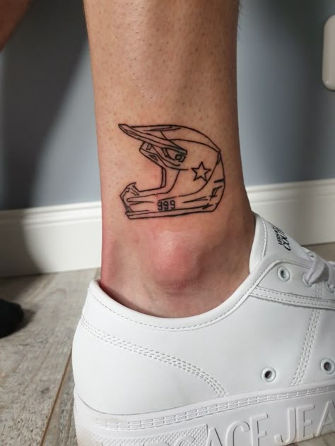 Motocross Memorial Tattoo, Small In Memory Tattoos Dads, Dirtbike Helmet Tattoo Design, Motocross Helmet Tattoo, Motocross Tattoo Ideas Women, Dirtbike Tattoo Ideas Motocross, Motorcross Tattoo Ideas, Sportbike Tattoo, Off Road Tattoo