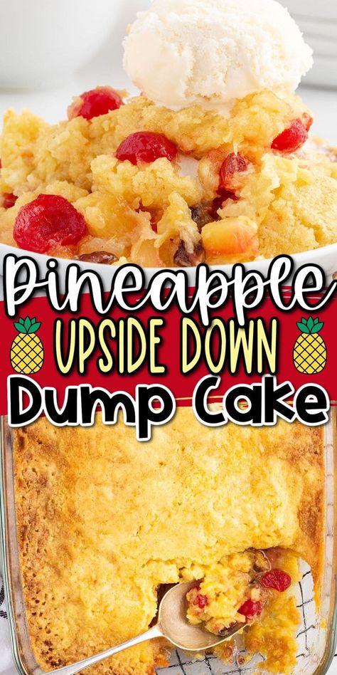 Pineapple Upside Down Dump Cake is the easiest way to transform a basic box of cake mix into a delicious no-fuss dessert. It takes mere minutes to pour 6 ingredients into a pan and have it ready to bake even before the oven is preheated! White Cake Mix Poke Cake Recipes, Pineapple Dump Cake 2 Ingredients, Easy Dump Cake Recipes 3 Ingredients Crushed Pineapple, Yellow Cake Mix Dump Cake Recipes, White Cake Mix Recipes Boxed Dump, Cake Mix Pineapple Upside Down Cake, Pineapple Coconut Dump Cake, Dump Dessert Recipes, Dump Cakes With Pie Filling