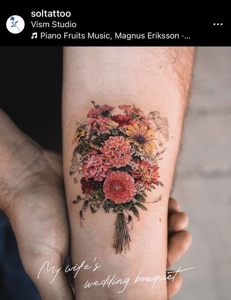 Antique Flower Tattoo, Colored Bouquet Tattoo, Bridal Bouquet Tattoo, Boquetes Of Flowers Tattoo, 3 Flower Bouquet Tattoo, Wild Flower Bouquet Tattoo, Wedding Bouquet Tattoo, Gothic Flowers Tattoo, 3 Flower Bouquet