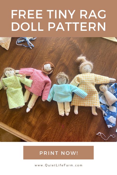 Free Printable Sewing Pattern for an entire family of tiny rag dolls and their clothes!  Print out your sewing pattern, then follow along while I help you through each step, from the bodies to the hair to the clothes! Free Fabric Doll Patterns Free Printable, Izzy Dolls Free Pattern, Rag Doll Pattern Free Printable, Doll Patterns Free Sewing Templates, Fabric Doll Patterns Free Printable, Doll Sewing Patterns Free, Free Sewing Patterns Printable, Tiny Rag Doll, Doll Patterns Free Sewing