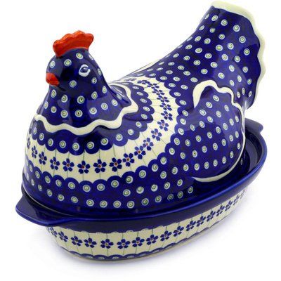 Polmedia Polish Pottery 13-inch Stoneware hen Boleslawiec Pottery, Polish Pottery Boleslawiec, Floral Peacock, Ceramic Chicken, Rooster Kitchen, Polish Ceramics, Rooster Decor, Chicken Decor, Polish Stoneware