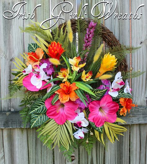 Tropical Island Luau Garden Wreath, Large Summer Paradise Floral Wreath Hawaiian Wreath Diy, Tropical Wreath Ideas, Tropical Wreaths For Front Door, Hibiscus Wreath, Tropical Wreaths, Hawaiian Wreath, Vintage Tropical Decor, Japanese Flower Arrangement, Tropical Wreath