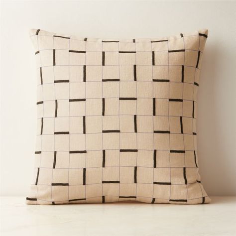 Designed by Studio ANANSI, taupe linen throw pillow is a fresh, modern take on the traditional grid design. Made of pure linen, the tailored pillow features a lavender grid print and embroidered chocolate accents with a fine, slubby texture. CB2 pillows include a pillow insert in your choice of feather-down or down alternative. CB2 exclusive.  -Designed by Studio ANANSI -100% linen -Solid linen back -Exposed brass zipper -Feather-down insert: 95% white duck feather, 5% white down fill made in Th Burled Wood Coffee Table, Black Metal Bed, Leather Throw Pillows, Fabric Sectional Sofas, Large Candle Holders, Cool Glasses, Old Fashioned Glass, Linen Throw Pillow, Saddle Leather