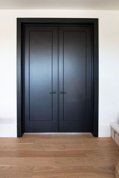 Dark Painted Interior Doors And Trim, Black Interior Back Doors, Interior Doors Transitional, Double Door Design Interiors, Interior Doors Styles Modern, Black Modern Interior Doors, Black Doors Interior Black Trim, Charcoal Doors Interior, Dark Doors Interior