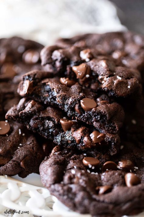 Bake these chewy Double Chocolate Chip Cookies made with dutch processed cocoa powder. They’re soft in the centers with buttery edges and they’re filled with chocolate chips and sea salt. You can make them with white chocolate chips too! Cocoa Chocolate Chip Cookies, Double Chocolate Sea Salt Cookies, Choc Choc Chip Cookies, Fudgy Double Chocolate Chip Cookies, Chocolate Chip Chocolate Cookies, Easy Double Chocolate Chip Cookies, Chocolate Dipped Chocolate Chip Cookies, Domino Cookies Great American Cookie, Choc Cookies Recipes