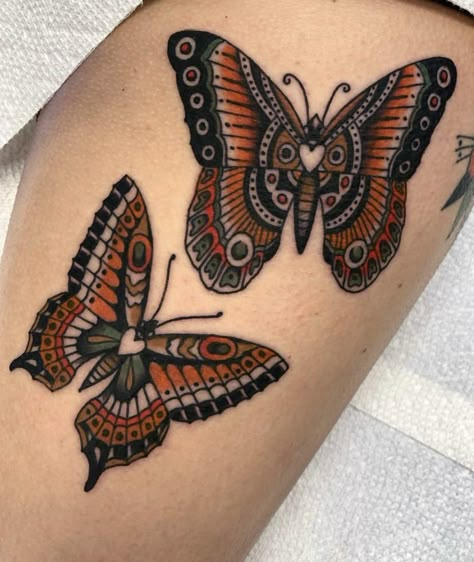 Neo Traditional Butterfly Tattoo Design, Stained Glass Butterfly Tattoo, Trad Butterfly Tattoo, Traditional Ladybug Tattoo, Traditional Tattoos Women, American Traditional Butterfly, Swallowtail Butterfly Tattoo, Nj Tattoo, Metamorphosis Tattoo