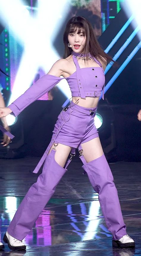 Blue Kpop Outfits Stage, Idol Dress Korean, Purple Performance Outfit Kpop, Kpop Idol Outfits Female Stage, Purple Kpop Outfits, Stage Outfits Purple, Kep1er Up Outfits, Kpop Idol Stage Outfits, Purple Stage Outfits