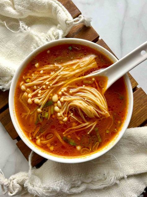 Tomato Enoki Mushroom Soup Enoki Mushroom Recipe, Hotpot Restaurant, Enoki Mushrooms, Beef Tomato, Mushroom Soup Recipe, Mushroom Soup Recipes, Tomato Broth, Latest Recipe, Mushroom Soup