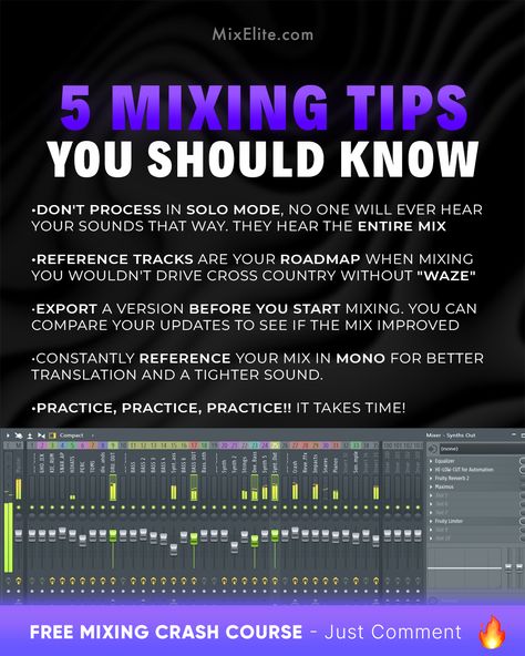 Free Mixing Crash Course 👉 MixElite.com/free-course  No More Muddy Mixes 🎚️    #MusicProduction #AudioMixing #MixingTips #ProducerLife #HomeStudio #BeatMaking #FLStudio #MusicProducer #SoundEngineering #AudioEngineer #MixEngineer #MusicMixer Producer Tips, Music Engineering, Dj Tattoo, Mixing Music, Writing Songs Inspiration, Music Basics, Recording Studio Equipment, Music Engineers, Audio Mixing