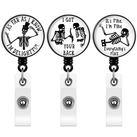 PRICES MAY VARY. Includes: this package comes with 3 pieces of funny skull badge reel, also printed with funny words, enough quantity to meet your use and replacement needs Size: The diameter of badge is around 3.2cm/1.26in, and the stretchable length of the nylon rope is about 60 cm/ 23.62inch Product material: Our retractable badge fixed reel is made of quality ABS material. The epoxy surface is smooth, just wipe it clean. Retractable cord and strong clip: Versatile Extendable Badge and belt c Radiology Tech, Funny Skull, Skeleton Skull, Nurse Doctor, Radiology, Tech Gifts, Badge Reel, Skeleton, Bones