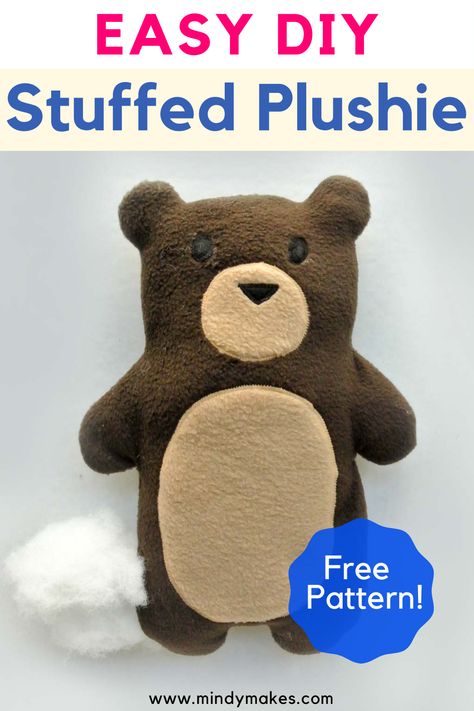 A brown bear plush toy with stuffing coming out left side with text "EASY DIY Stuffed Plushie" on top and Blue badge with "free Pattern!" on lower right corner. Diy Stuffed Toys Easy, Free Stuffed Toy Sewing Patterns, How To Make A Stuffed Bear, Sewing Patterns Toy, Easy Toys To Sew, How To Sew A Stuffed Animal Easy, Simple Sewing Projects Stuffed Animals, Easy Sewing Patterns Stuffed Animals, Stuffed Animal Diy Easy